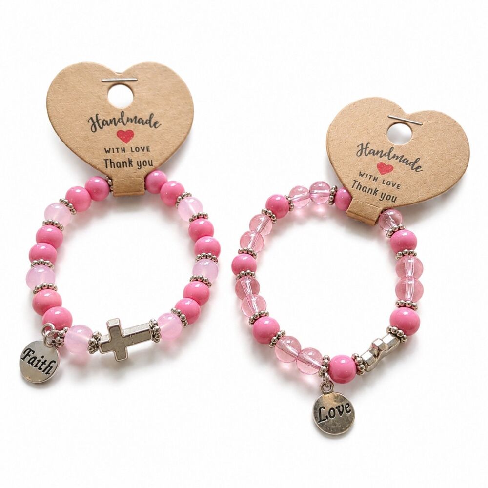 Pink Beaded Cross Bracelets, Faith & Love Christian Charm Stretch Bracelet Set